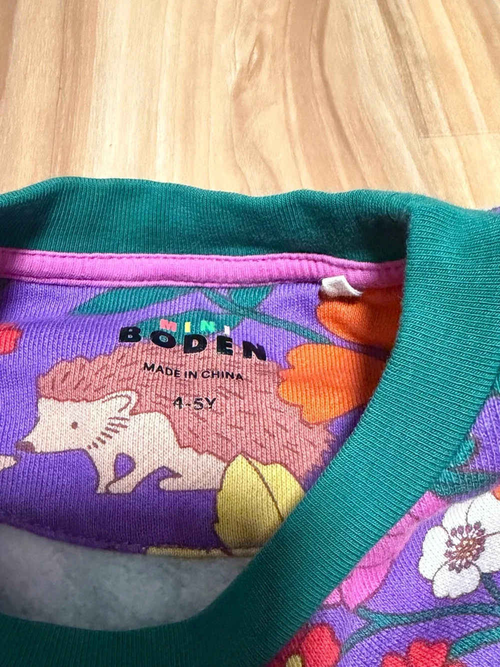 Mini Boden Purple Floral & Hedgehog Print Long Sleeve Dress